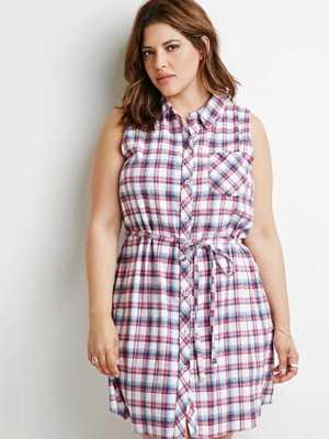 Women's Sleeveless Slim Red Scotland Tartan Lapel Plaid Long Shirt Dress Plus Size