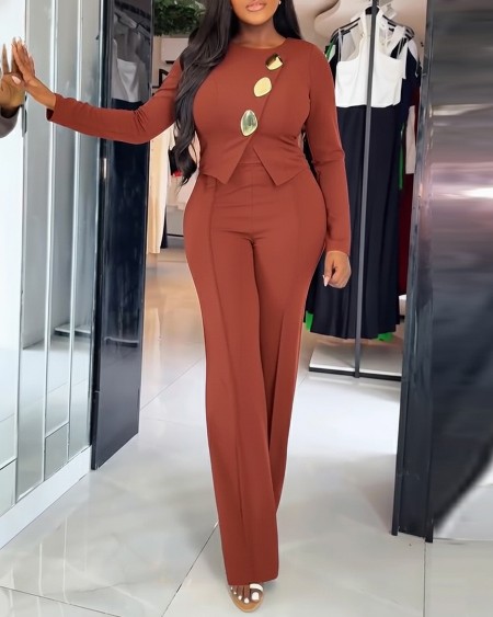 Golden Button Decor Long Sleeve Seam Front Overalls Casual Zipper Back Faux Two-Piece Commuting Jumpsuit