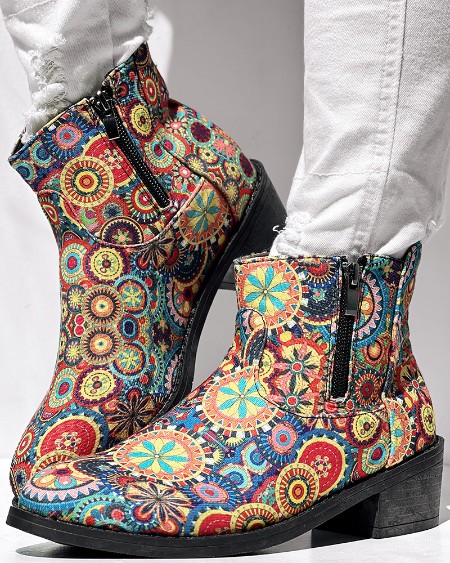 Vintage Floral Tribal Pattern Zipper Back Ankle Boots