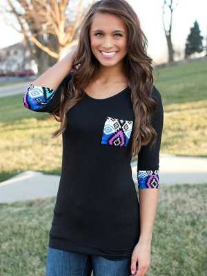 Hot Sale Women's Plus Size Printing Pockets Stitching T-shirt Crewneck Slim Fit Casual Cotton Tops