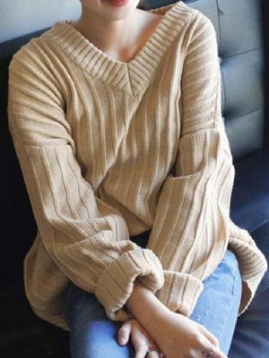 Women's Khaki Oversized Long Sleeve Loose Knitted Sweaters Casual Knit Pullovers