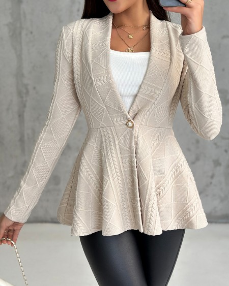 V-Neck Long Sleeve Single Breasted Cable Textured Blazer Casual Waist A-Line Coat