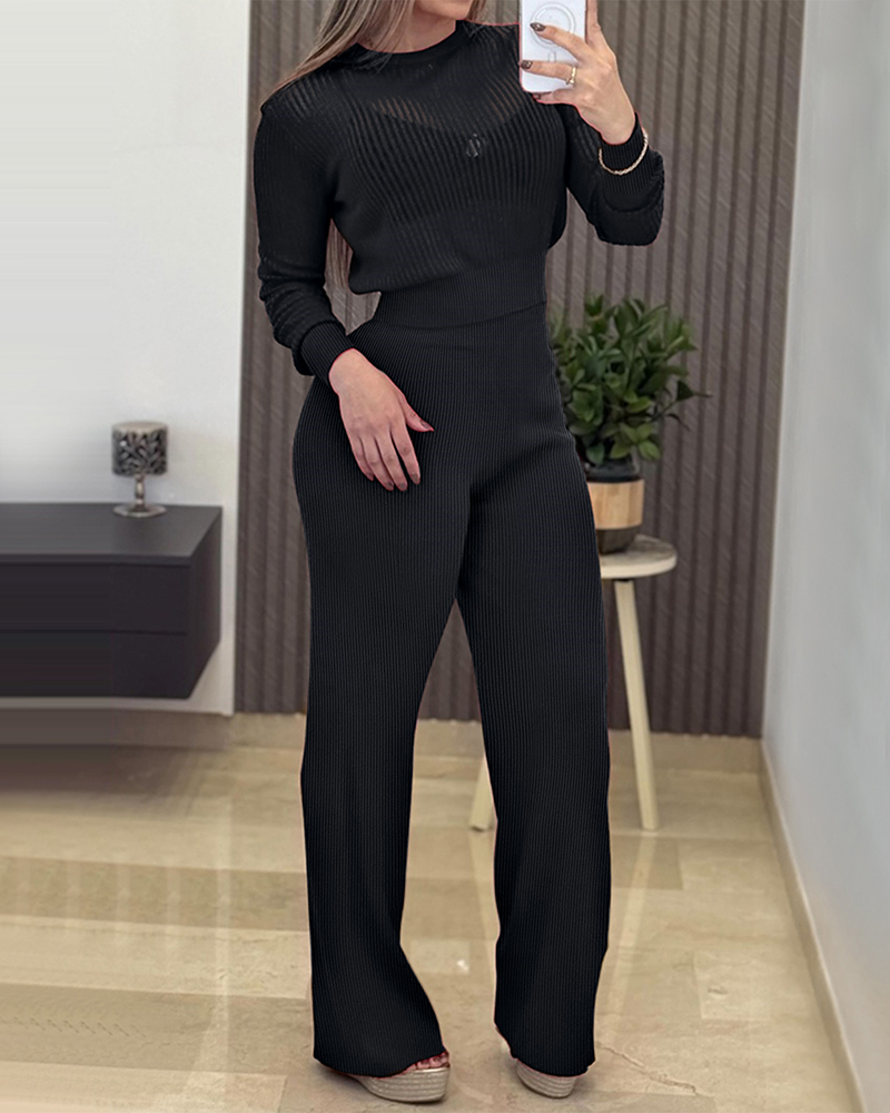2 Pieces Outfit Round Neck Long Sleeve Semi-Sheer Crop Top and High Waist Elastic Waist Wide Leg Pants Set Casual Minimalist Ribbed Set
