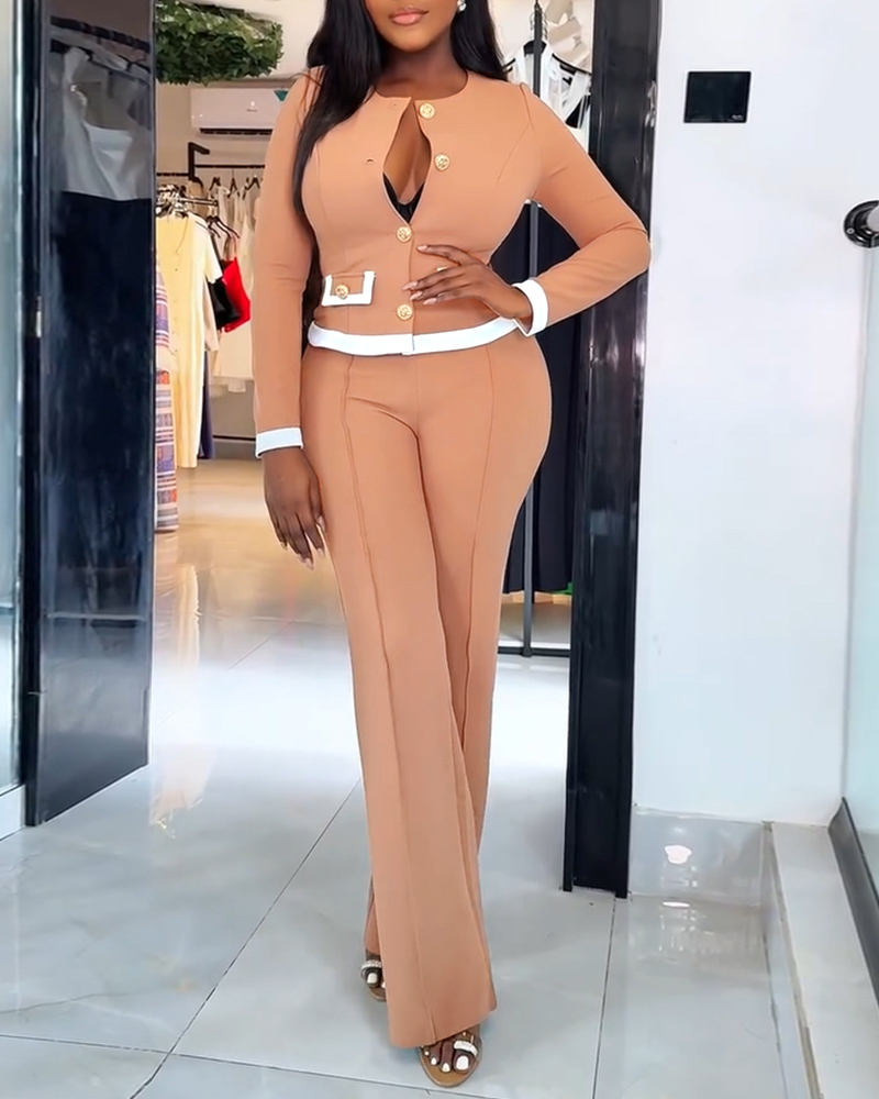 2 Pieces Outfit Contrast Paneled Single Breasted Flap Detail Crop Top and Elastic Waist Seam Front High Waist Pants Set Casual Commuting Set