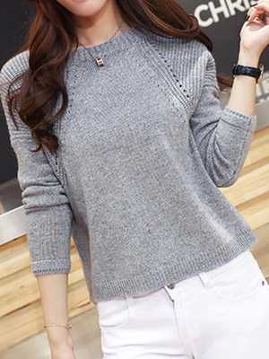 2015 New Korean Chemise Round Collar Side Slit Pure Color Pierced Knitwear Sweater Long Sleeves Pullover