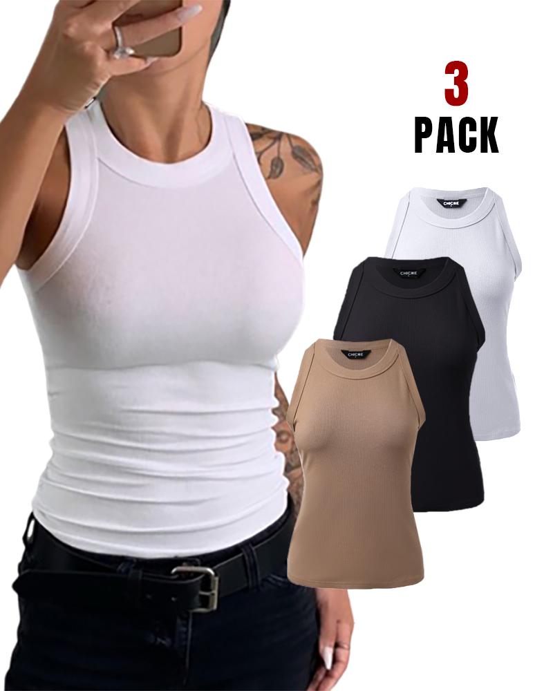 3-Pack Knit Round Neck Thick Strap Racerback Tank Tops(Without Pads)