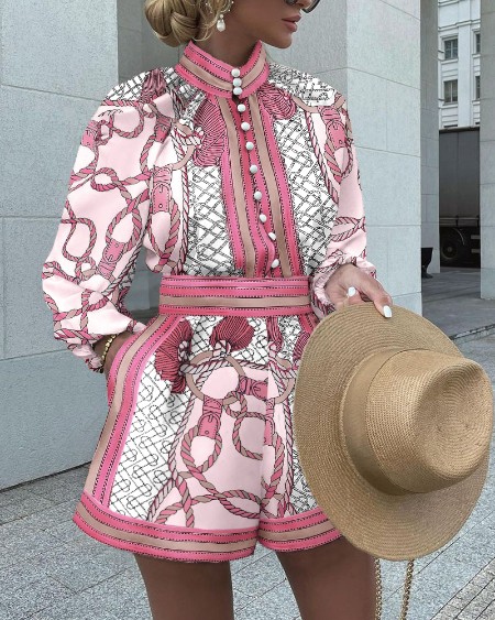 2 Pieces Outfit Stand Collar Lantern Sleeve Button Front Top and Elastic Back Waist Shorts Set Casual Chain Print Vacation Set