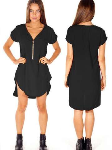 Women's Plus Size Low Cut Loose Long T-shirts Front Zipper Fall Autumn Fashion Top Dress