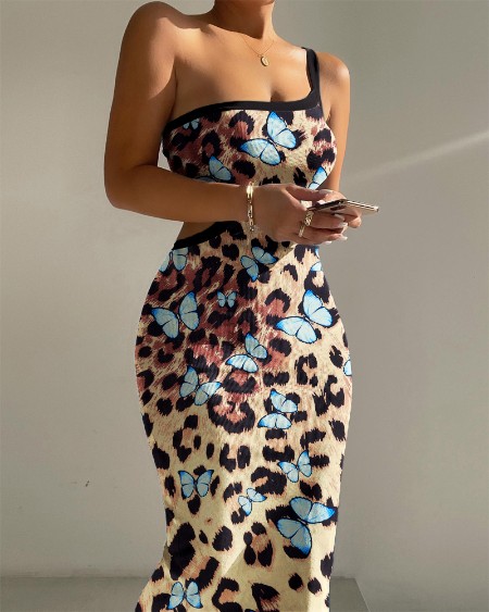 Leopard Butterfly Print One Shoulder Sleeveless Bodycon Dress Sexy Hollow-out Slim Fit Dress