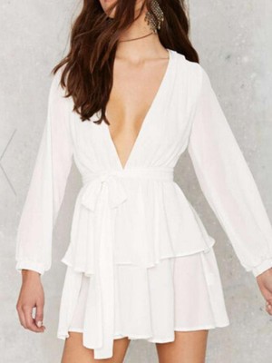 Hot Fashion White Color Sexy Deep V Bandeau Casual Dress Full Sleeve Layered dress