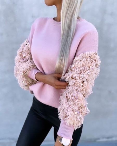 Contrast Sequin Fluffy Detail Long Sleeve Knit Sweater Casual Pullover Top