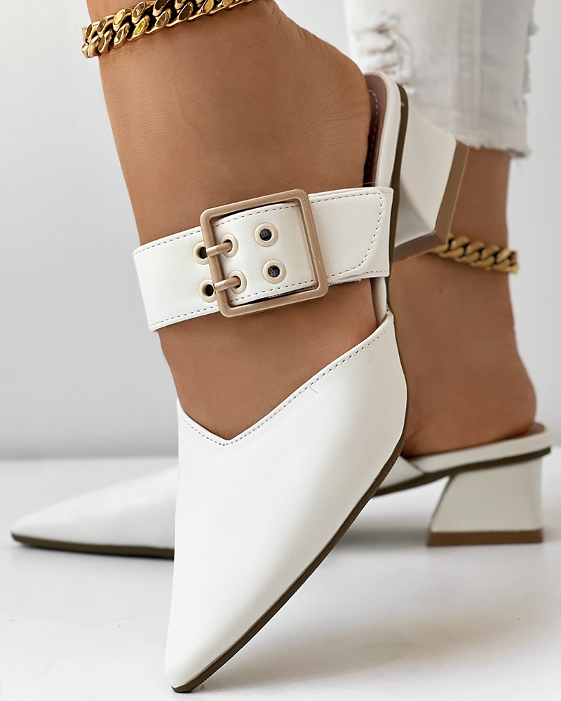 Buckled Point Toe Chunky Heel Mules