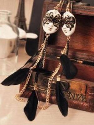 Vintage Baroque Chain Feather Tassel Mask Ball Improper Face Extra Long Earrings for Women