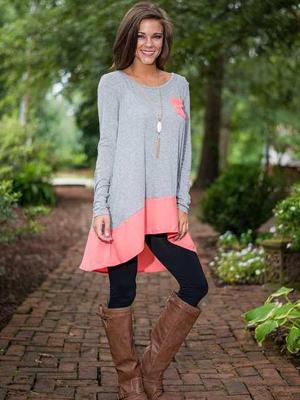 Women's Fall Fashion Blending Slim Casual Pink Pocket Long Tops T-shirt Dress Basic Blouse