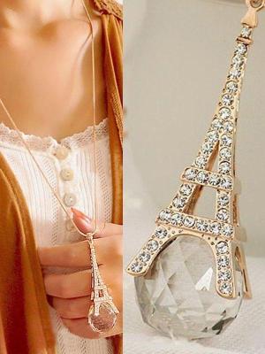 Brand Fashion Paris Eiffel Tower Necklace Crystal Rhinestone Ball Pendant Long Chain Sweater Necklace Women Jewelry Gifts
