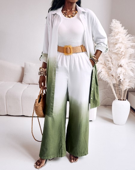2 Pieces Outfit Ombre Print Long Sleeve Blouse and Casual High Waist Wide Leg Pants Set (Without Belt)