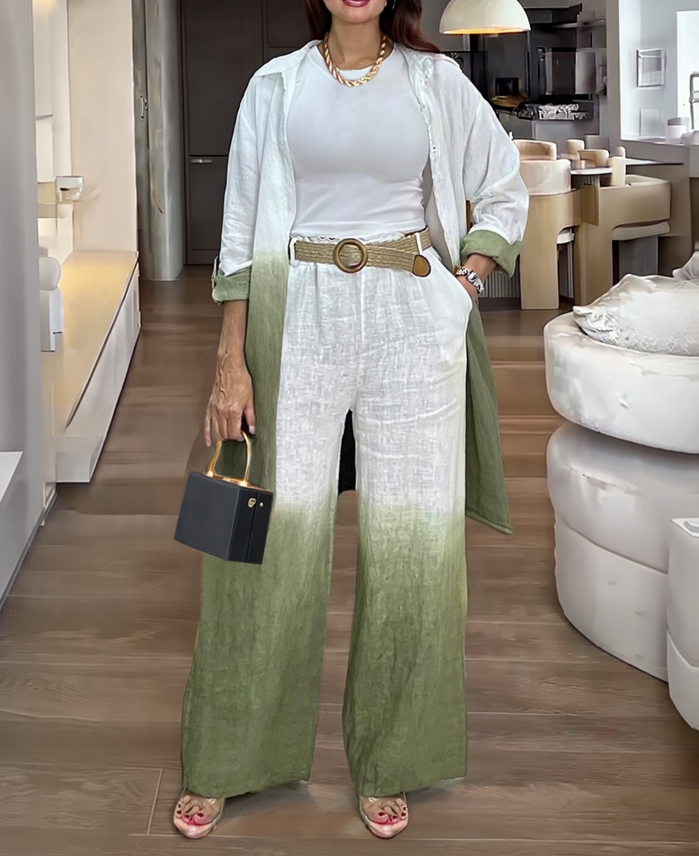 2 Pieces Outfit Ombre Print Long Sleeve Blouse and Casual High Waist Wide Leg Pants Set (Without Belt)