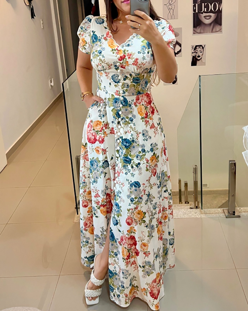 Button Decor Floral Print Scallop Trim V Neck Puff Sleeve Front Slit Maxi Dress Casual Cinched Waist Zipper Back Vacation Dress