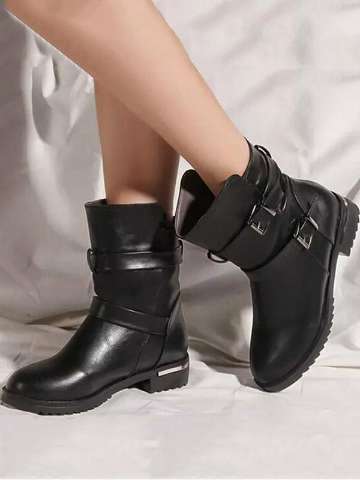 Fashion Women's Leather Ankle Boots Martin Boots Low Heel Booties Belt Buckle Motorcycle Boots