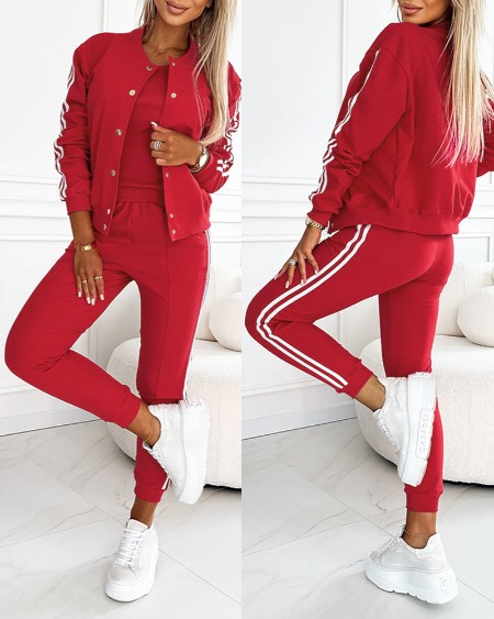3 Piece Outfits Matching Sets Striped Tape Patch Tank Tops Button Front Jacket Cuffed Pants with Pockets Tracksuit