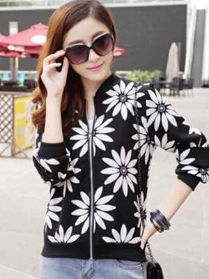 Women's Korean Style Black Base White Sunflowers Floral Print Short Coat Zipper Long Sleeve Baseball Jacket Unifroms