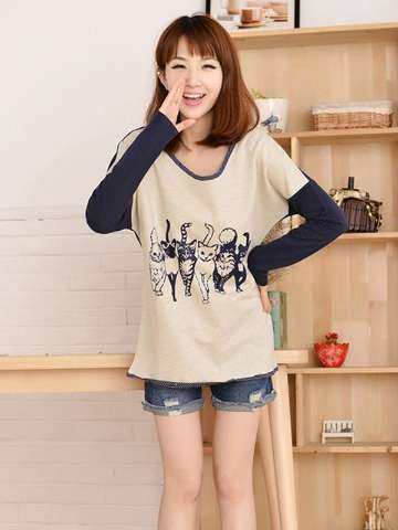 Women's Casual Floral Pattern Round Neck Loose Long Sleeve Top Blouse Sweater