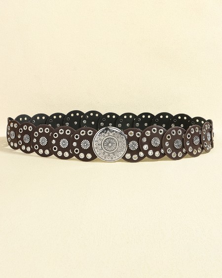 Vintage Leather Round Waist Belt Hollow Out Boho Concho Belt