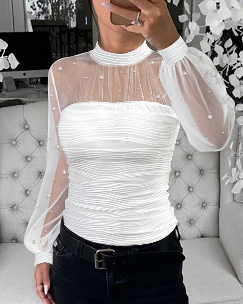 Pearls Decor High Neck Lantern Sleeve Sheer Mesh Spliced Tee Slim Fit Textured Top