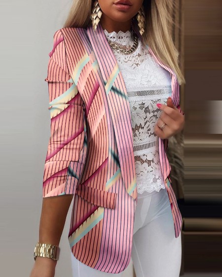 Colorful Stripe Print Long Sleeve Blazer Coat