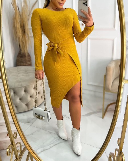 Round Neck Long Sleeve Bow Tie Waist Wrapped Slit Dress Slim Fit Ribbed Dress