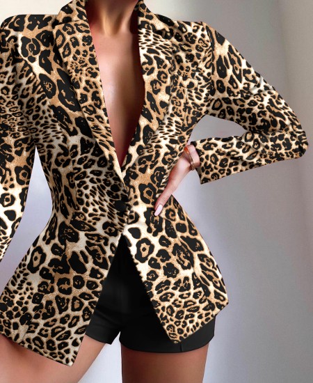 Leopard Print Lapel Collar Single Button Tailored Blazer