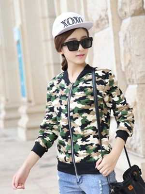 Women's Korean Style Camouflage Print Short Coat Zipper Long Sleeve Baseball Jacket Unifroms