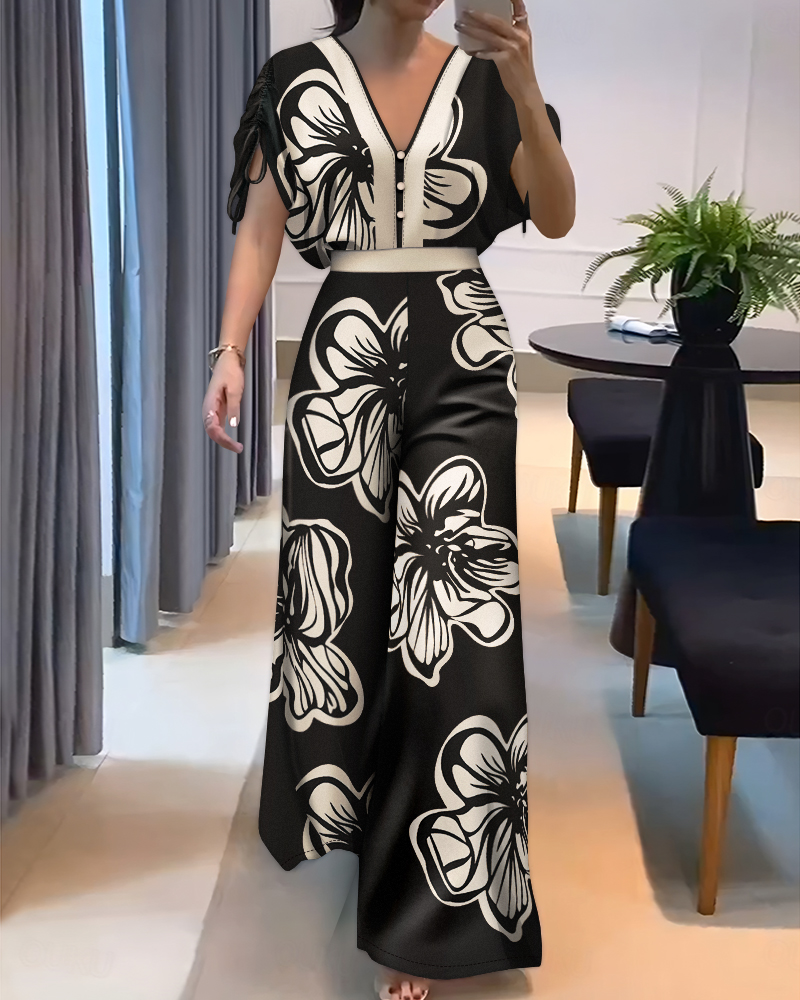Floral Print V-Neck Batwing Sleeve Drawstring Wide Leg Jumpsuit
