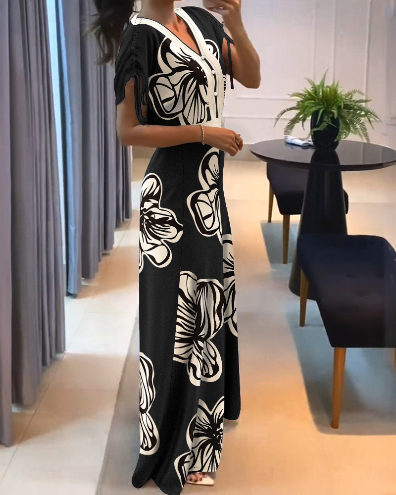 Floral Print V-Neck Batwing Sleeve Drawstring Wide Leg Jumpsuit