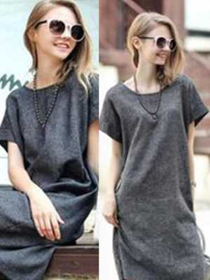 Women's Fashion Plus Size Round Neck Short Sleeve Slim Fit Casual Grey Dress Basic Collocation Dress