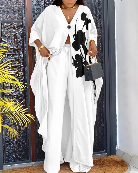 Floral Print V-Neck Batwing Sleeve Slit Top and Casual Pants Set with Pocket