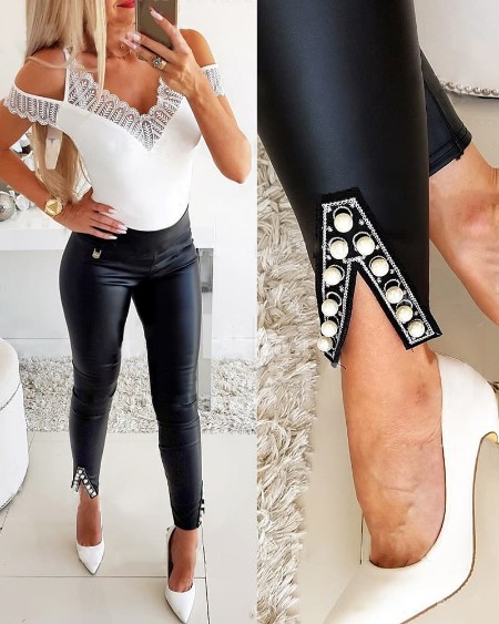 Beaded Decor Slit High Waist PU Leather Pants