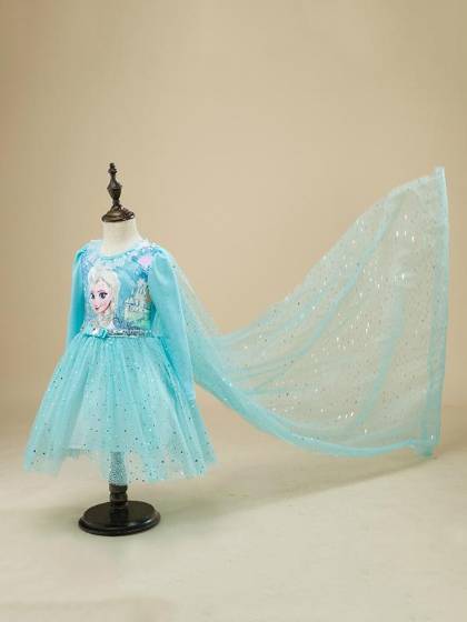 Fashion Cute Frozen Elsa Anna Baby Girls Blue Dress Europe Long Sleeve Princess Tutu Costume Dress Kids Costume