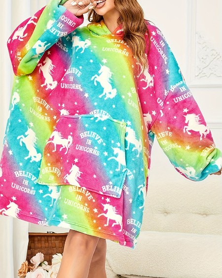 Rainbow Tie Dye Unicorn Print Blanket Hoodie