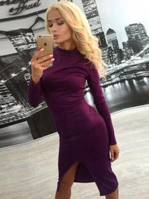 Women's Hot Sexy Split Bodycon Dress Slim High Neck Long Sleeve Solid ColorKnit  Skinny Dress