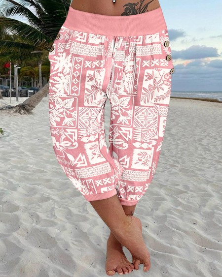 Plus Size Floral Print Ribbed Waist Capris Pants Casual Button Decor High Waist Cuffed Pants