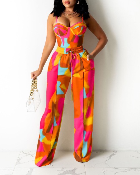 Colorblock Zipper Back Cami Top & Wide Legs Contrast Pipping Pants Set