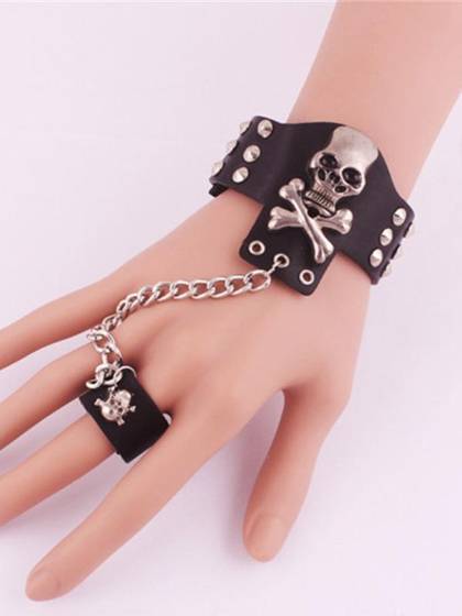 Fashion Unisex Leather Bracelet With Ring Skull Punk Style Gothic Rock Jewelry