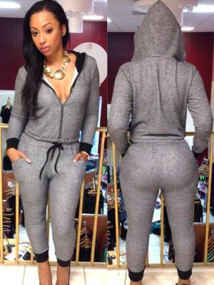 Plus Size Women Clothing New Sexy Bodycon Jumpsuit With Hat Long Sleeve Gray Bandage Jumpsuits Women's Casual Sport Wear