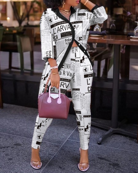 Letter Print Button Front Top & Pants Suit Set