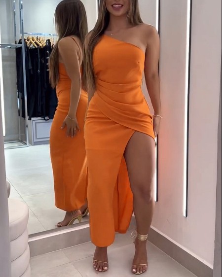 One Shoulder Adjustable Spaghetti Strap Ruched Dress Casual Zipper Back Wrapped Slit Maxi Dress