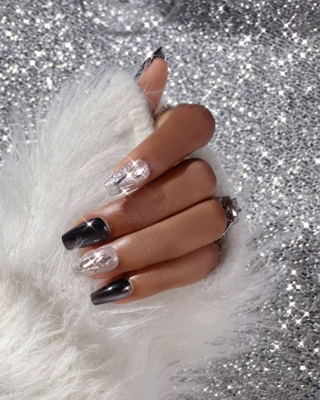 Short Press on Nail Rhinestone Cat Eye Silver Black Cool Daily Style