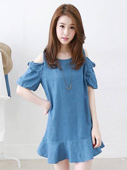 Women's Loose Plus Size Lotus Leaf Sleeve Hollow-out Shoulder Short Casual Dress Flounced Dresses