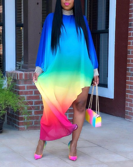 Colorful Ombre Lantern Sleeve Asymmetrical Maxi Dress
