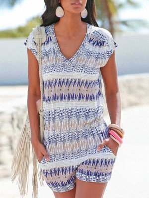 Fashion Gradient Sexy Deep V Neck Short Sleeve Rompers Womens Jumpsuit Bodysuit Short Pant